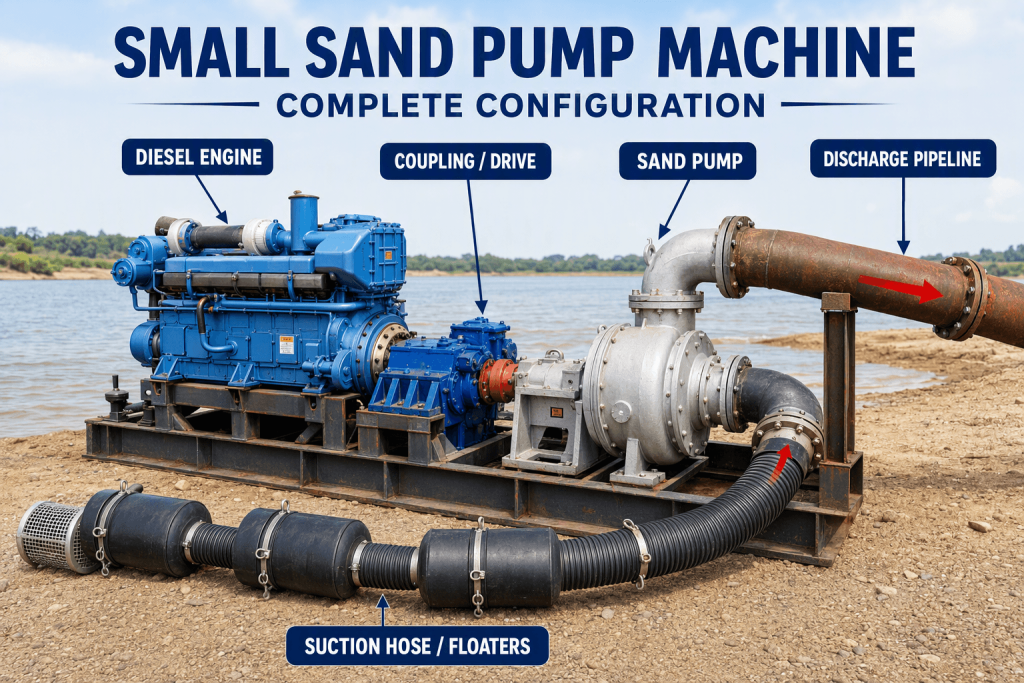 Small sand pump machine configuration with diesel engine and discharge pipeline